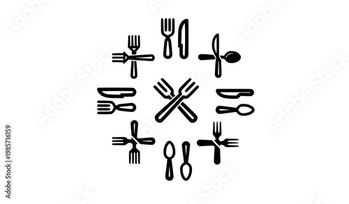 Geometric tableware icon set with fork knife and spoon symbols for modern restaurant and food branding