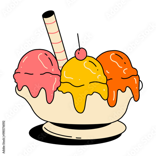 Colorful ice cream sundae with three scoops cherry and straw in a bowl