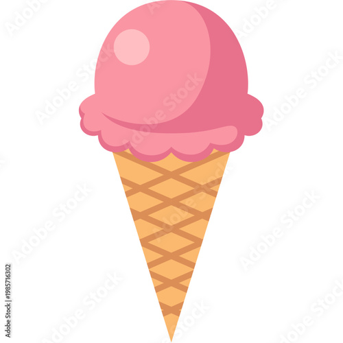 Pink ice cream scoop on a waffle cone against a white background sweet treat concept