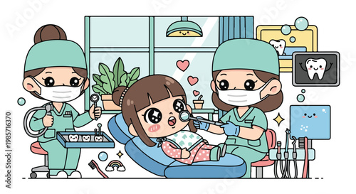 Cute cartoon children visiting a dentist for dental checkup and oral health care in a modern clinic
