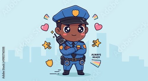 Cute cartoon police officer girl character with a friendly expression and colorful hearts and stars in a playful style