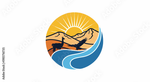 Sunrise over mountains with llama, eagle, and ocean waves