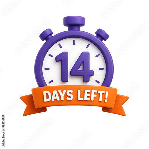 Colorful stopwatch icon with banner text 14 days left, isolated on black background for countdown timer, deadline reminder, and promotion urgency concept