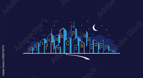 Stylized blue city skyline at night under a crescent moon