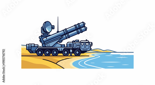 Rocket launcher vehicle positioned on a beach with ocean in background
