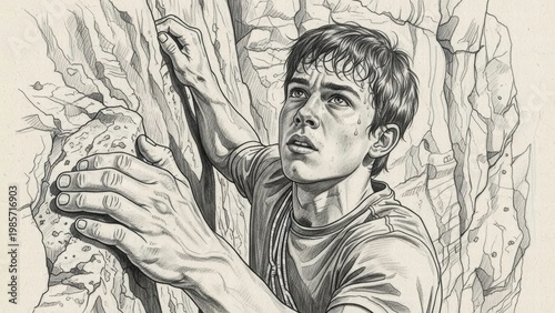 Courageous Ascent: A determined individual conquers a rocky, vertical challenge. Grasping rock face with focused effort, symbolizing dedication and perseverance.