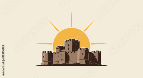 A stylized fortress stands against a large, bright sun with radiating beams