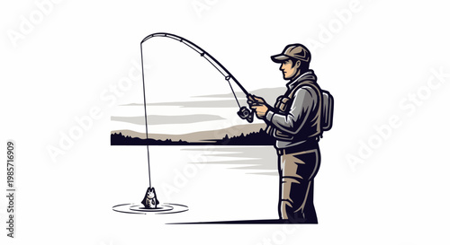 Fisherman casts line into water, pulling a small fish from the lake
