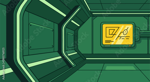 Futuristic green corridor with illuminated lines and a yellow screen display