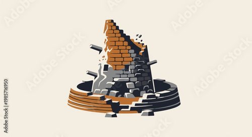 Crumbling brick structure with round base, suggesting decay and past construction