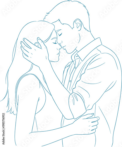 Minimalist blue line art vector illustration of a romantic couple embracing with foreheads touching and eyes closed in tender love.