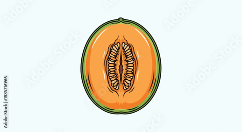 A vibrant, stylized illustration of a ripe cantaloupe cut in half, showing its seeds