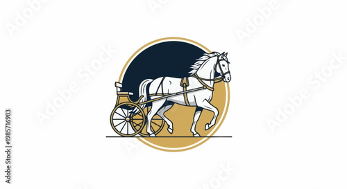 A white horse pulls a golden chariot with spoked wheels inside a circle