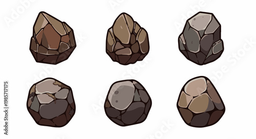 Six pixelated rocks of varying shapes and earthy brown tones