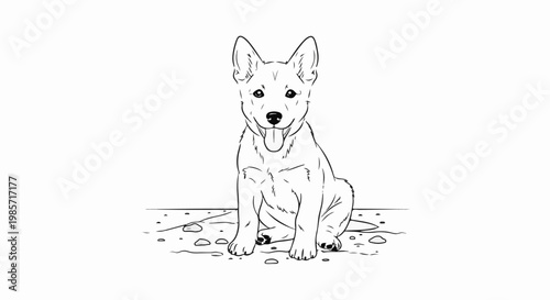 Simple line drawing of a happy dog with tongue out sitting