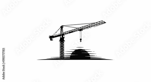 Silhouette of a tall construction crane against a sun-like shape