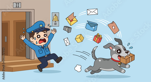 Funny cartoon police officer chasing a mischievous dog that is stealing mail and packages from the doorstep