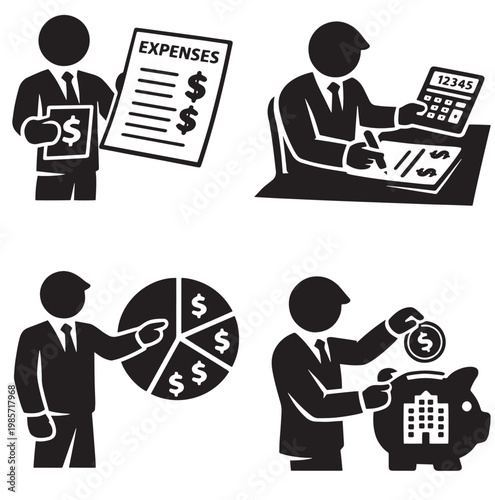 Finance icons showing expenses calculation pie chart and savings in silhouette style