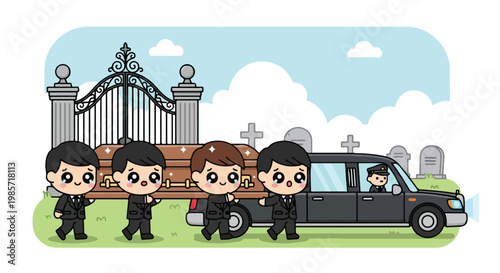 Group of cartoon children walking in a line towards a black limousine outside a gated cemetery with cloudy sky