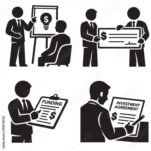 Business finance icons showing presentation funding check and investment agreement in silhouette style