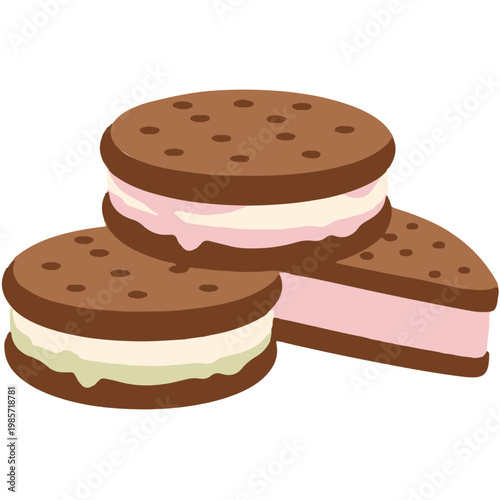 Three ice cream sandwiches with chocolate wafers and creamy fillings stacked on a white background