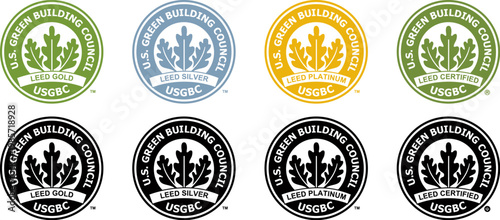 Set of USGBC LEED certification badges for green building standards gold silver platinum levels