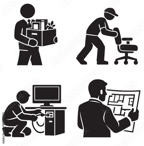 Office setup icons showing moving chair IT work and blueprint planning in silhouette style
