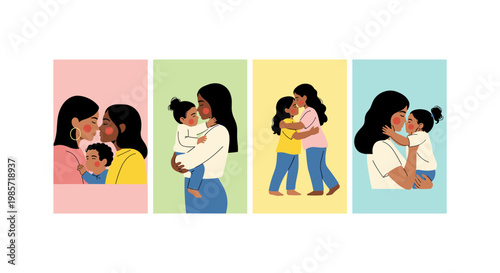 Four diverse women in colorful backgrounds sharing moments of laughter and conversation laughing