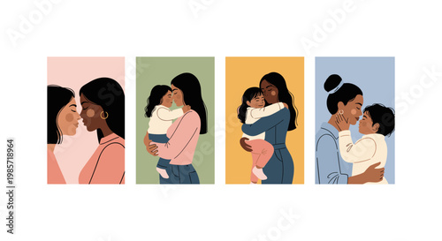 Four diverse women in stylish clothing having conversations in pastel-colored rooms woman talking smiling