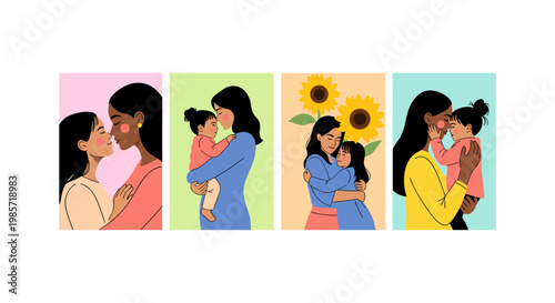 Four diverse women in colorful clothing having a cheerful conversation in a bright room