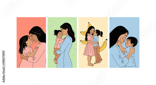 Four diverse women in colorful backgrounds, of female friendship and support