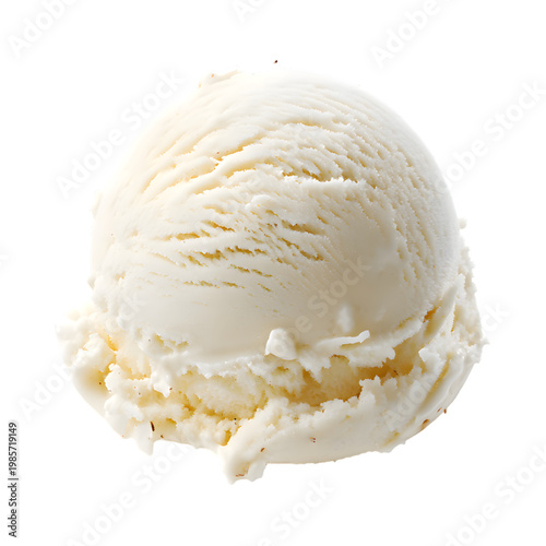 A creamy scoop of vanilla ice cream with a smooth texture and a few coconut flakes on a white background perfect for dessert or snack concepts