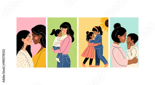 Four diverse women in colorful clothing sitting together in a casual group setting conversation