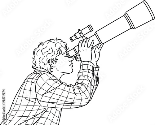 Minimalist line art vector illustration of a young man looking through a large professional telescope for adult coloring book pages.