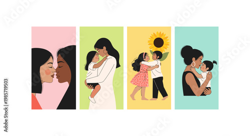 Four women in stylish dresses with floral and abstract patterns, posing in a modern layout woman