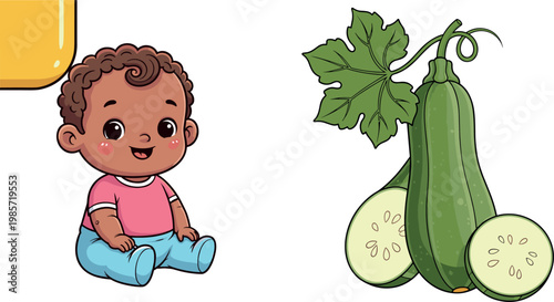 Cute baby character sitting with bottle gourd vegetable and sliced pieces vector illustration healthy food and child concept design