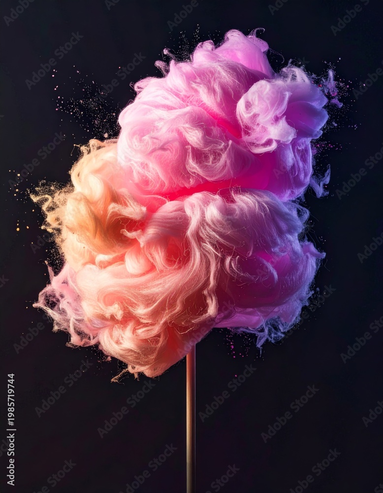 Obraz premium Pink and Yellow Cotton Candy Bursting with Glitter Against Dark Background