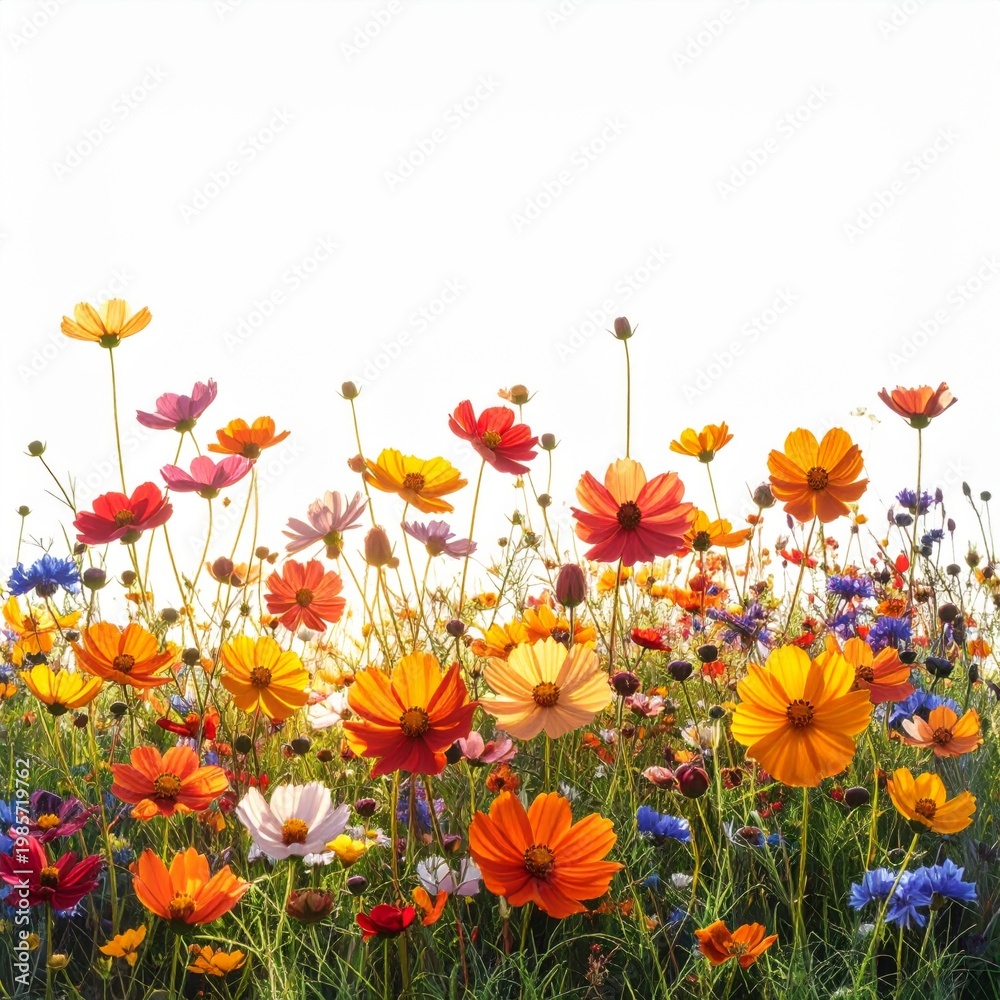 Fototapeta premium Vibrant Field of Wildflowers in Sunlight with White Background