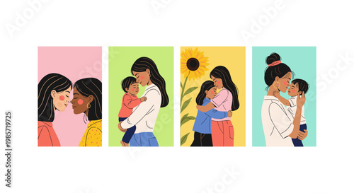 Four diverse women in colorful clothing, each holding a smartphone and smiling woman smile communication