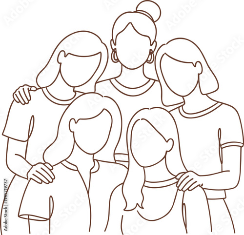 Minimalist line art vector illustration of five diverse women standing together expressing friendship solidarity empowerment and unity in aesthetic style.