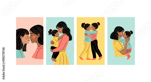 Four diverse women in colorful clothing, laughing and talking together in a bright room woman girl people