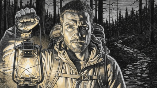 Unwavering Vigil: A lone figure, illuminated by the warm glow of a lantern, traverses a dense, dark forest, embodying resilience and determination amidst uncertainty.