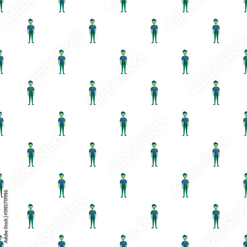 Green cartoon zombie man creating a seamless pattern design on a white background