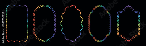 Retro whimsical rainbow gradient frame set borders. LGBTQ community symbol with rainbow. Vibrant multi colored frames for greeting cards, menu, gift tags, and modern stationery.