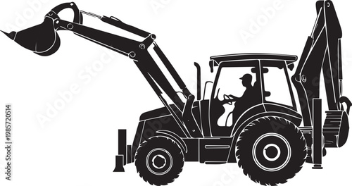 A backhoe loader operating on a construction site with an extended arm and bucket