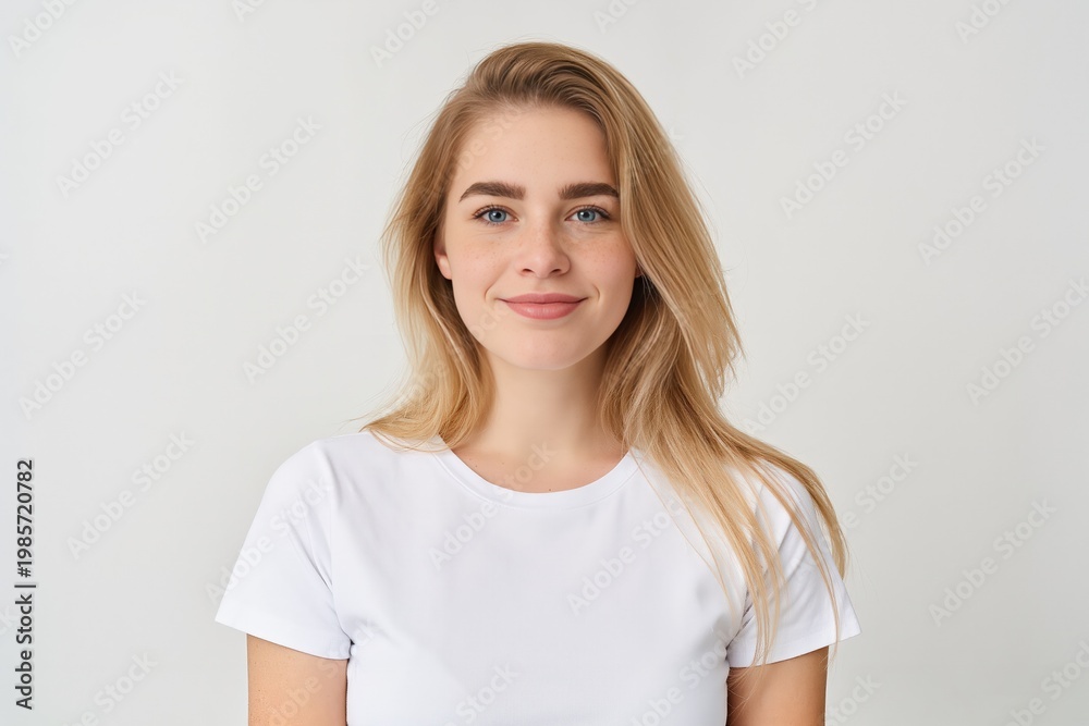Fototapeta premium Casual portrait of relaxed young woman in white tee with soft background, candid vibe and authentic smile capturing everyday