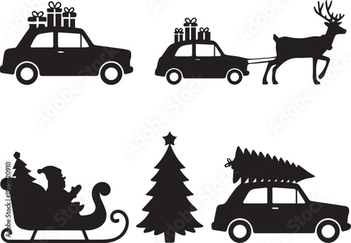 Holiday icons featuring festive vehicles and traditional symbols