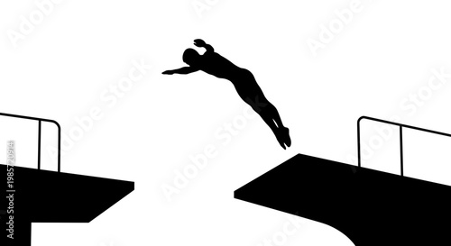 Man jumping between two diving boards.