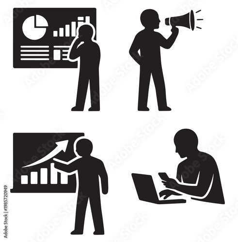 Business communication icons showing presentation megaphone growth chart laptop and phone in silhouette style