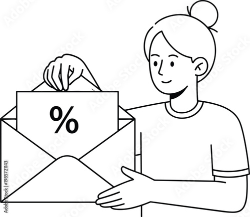 Minimalist line art vector of a young woman opening an envelope containing a card with a percentage discount sale offer.